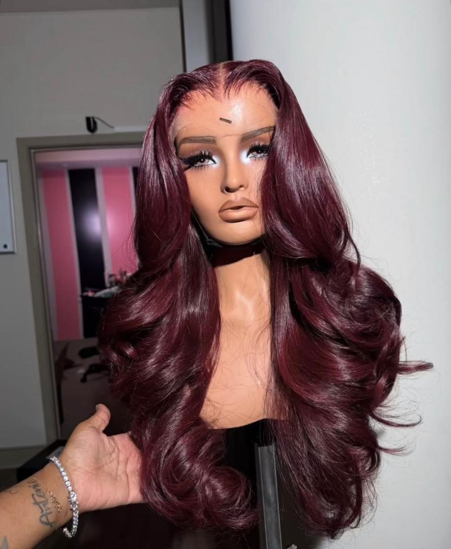 Burgundy raw wavy  luxury human hair wig